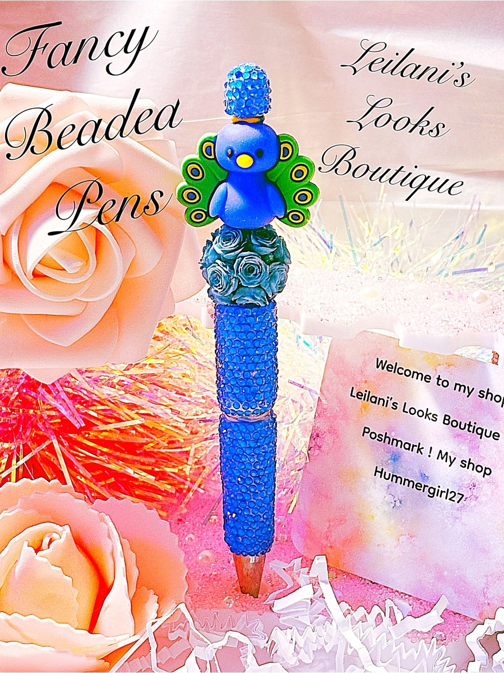 Blue Peacock Beaded Pen/Fancy beaded Pen/gifts/blue flowers